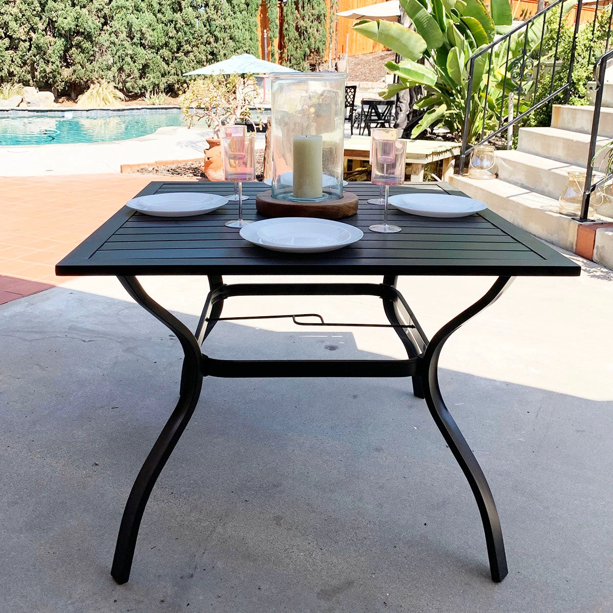 Phi Villa 37" Metal Square Slat Patio Dining Table With Umbrella Hole 3 Phi Villa 37" Metal Square Slat Patio Dining Table With Umbrella Hole