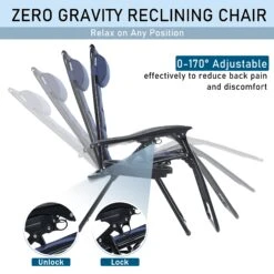 PHI VILLA Set Of 2 Padded Zero Gravity Lounge Chair Folding Patio Recliner -Phi Villa NavyBlue2Pcs 05 1