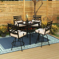 PHI VILLA Outdoor Bar Stools Set With Steel Swivel Cushioned Bar Stools And High Table With Geometric Patterns -Phi Villa Outdoor Bar Stools Set with Steel Swivel Cushioned Bar Stools and High Table with Geometric Patterns 2