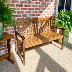 PHI VILLA 2 Seat Outdoor Wooden Brown Bench With Curved Wide Armrest Porch Chair -Phi Villa Outdoor Wooden Brown Bench With Curved Wide Armrest 1