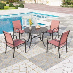 Phi Villa 5-Pcs Patio Dining Set 4 Textilene Fixed Chairs & Table -Phi Villa PHI VILLA 5 PCS Patio Dining Set 4 Textilene Fixed Chairs Square Table 7