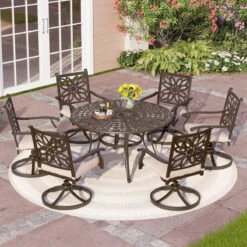 7-Pcs Patio Dining Set Of Cast Aluminum Chairs And Round Table-Phi Villa