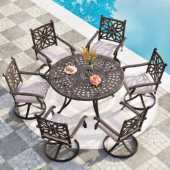 7-Pcs Patio Dining Set Of Cast Aluminum Chairs And Round Table-Phi Villa -Phi Villa PHI VILLA 7 Piece Cast Aluminum Outdoor Dining Set with Swivel Chair Dining Table