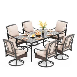 PHI VILLA 7-Piece Patio Dining Set With 6 Cushioned Steel & Rattan Chairs And Rectangle Table -Phi Villa PHI VILLA 7 Piece Outdoor Dining Set With 6 Cushioned Steel Rattan Chairs and Rectangle Table