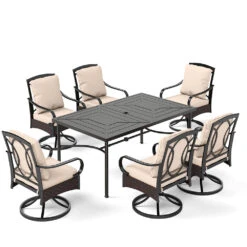 PHI VILLA 7-Piece Patio Dining Set With 6 Cushioned Steel & Rattan Chairs And Rectangle Table -Phi Villa PHI VILLA 7 Piece Outdoor Dining Set With 6 Cushioned Steel Rattan Chairs and Rectangle Slat Table