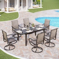 7/9-Piece Patio Dining Set With Extendable Table For Garden, Backyard PHI VILLA -Phi Villa PHI VILLA 7 Piece Outdoor Patio Dining Set Adjustable Table and Textilene Swivel Chairs S7 30520 0000