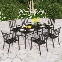 PHI VILLA 7-Pcs Patio Dining Set 6 Stackable Chairs And Enlarged Rectangle Table