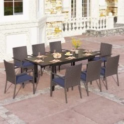 PHI VILLA 7 Piece/ 9 Piece Outdoor Dining Set With Rattan Cushioned Chairs & Extendable Steel Table