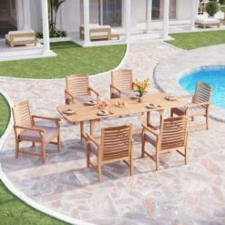 Phi Villa 7/9-Pcs Wooden Outdoor Dining Set With Expandable Table For Garden -Phi Villa PHI VILLA 79 Pieces Acacia Wood Outdoor Dining Set Wih Expandable Teak Dining Table Wooden Chairs with Cushions
