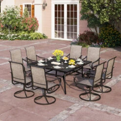 9-Piece Patio Dining Set With 60" Square Table And Textilene Swivel Chairs- Phi Villa -Phi Villa PHI VILLA 9 PCS Patio Dining Set with Large Square Table 8 Textilene Swivel Chairs