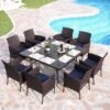 PHI VILLA 9 PCS Patio Dining Set With Large Square Table & 8 Rattan Chairs