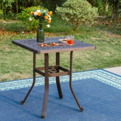 PHI VILLA Cast Aluminum Patio Square Dining Table With Umbrella Hole