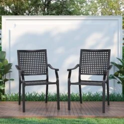 PHI VILLA Outdoor Fixed Steel Dining Chairs With Bullseye Flower Pattern - Set Of 2