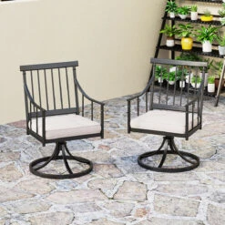 PHI VILLA Farmhouse Style Outdoor Swivel Dining Chairs With Cushion -Phi Villa PHI VILLA Outdoor Metal Swivel Dining Chairs with Cushion