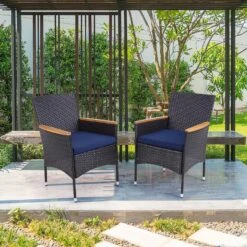 PHI VILLA Rattan Steel Cushioned Outdoor Dining Chairs, Set Of 2