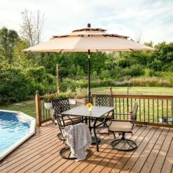 Phi Villa -Phi Villa PHIVILLA10ft3TierAuto tiltPatioUmbrellaOutdoorDoubleVentedUmbrellaBEIGE 1