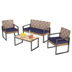 PHI VILLA 4-Piece Patio Conversation Set - Wicker Chairs And Acacia Wood Coffee Table - Modern And Stylish -Phi Villa PHIVILLA4 PiecenavyPatioConversationSet01