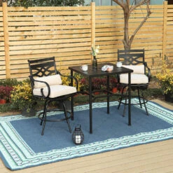 PHI VILLA Outdoor Bar Stools Set With Steel Swivel Cushioned Bar Stools And High Table With Geometric Patterns -Phi Villa PHIVILLAOutdoorBarStoolsSetwithSteelSwivelCushionedBarStoolsandHighTablewithGeometricPatterns