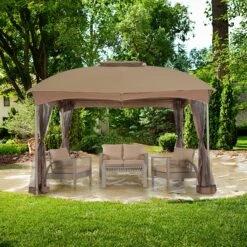 PHI VILLA Patio Double Vent Gazebo Outdoor Canopy With Privacy Netting -Phi Villa PHIVILLAPatio10x10FtDoubleVentGazeboOutdoorCanopyWithPrivacyNetting