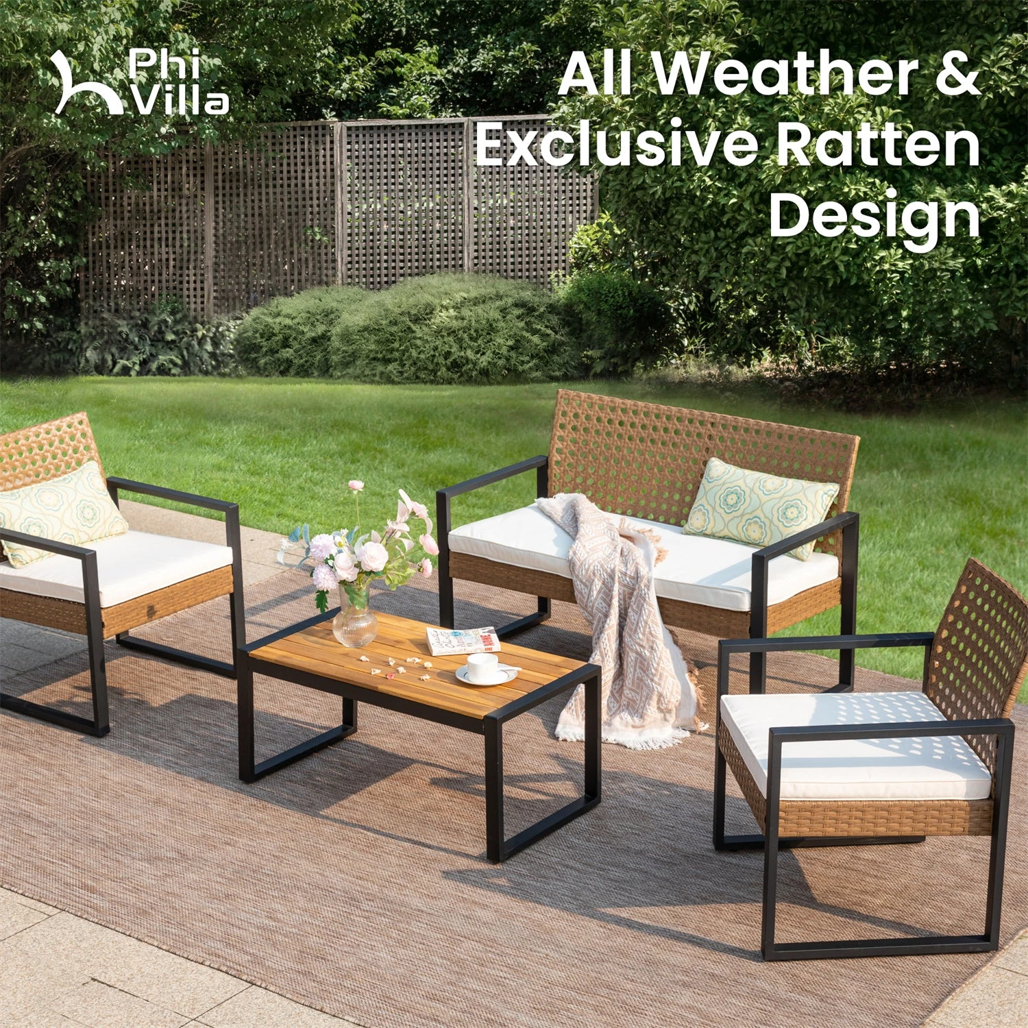 PHI VILLA 4-Piece Patio Wicker & Acacia Wood Conversation Set With Loveseat & Coffee Table 4 PHI VILLA 4-Piece Patio Wicker & Acacia Wood Conversation Set With Loveseat & Coffee Table - Image 2