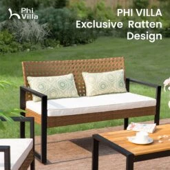 PHI VILLA 4-Piece Patio Wicker & Acacia Wood Conversation Set With Loveseat & Coffee Table 15 PHI VILLA 4-Piece Patio Wicker & Acacia Wood Conversation Set With Loveseat & Coffee Table -Phi Villa PHIVILLAPatioWicker AcaciaWoodConversation03
