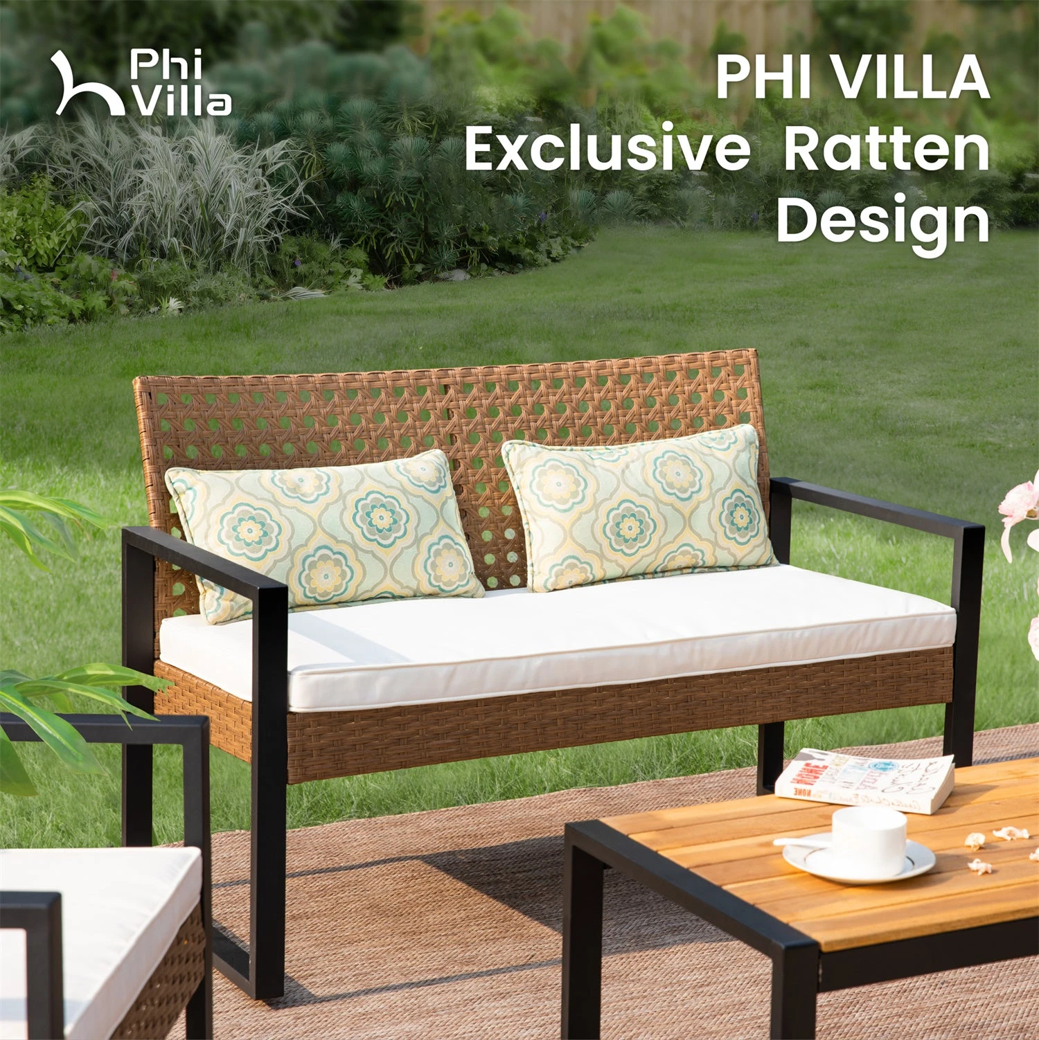 PHI VILLA 4-Piece Patio Wicker & Acacia Wood Conversation Set With Loveseat & Coffee Table 5 PHI VILLA 4-Piece Patio Wicker & Acacia Wood Conversation Set With Loveseat & Coffee Table - Image 3