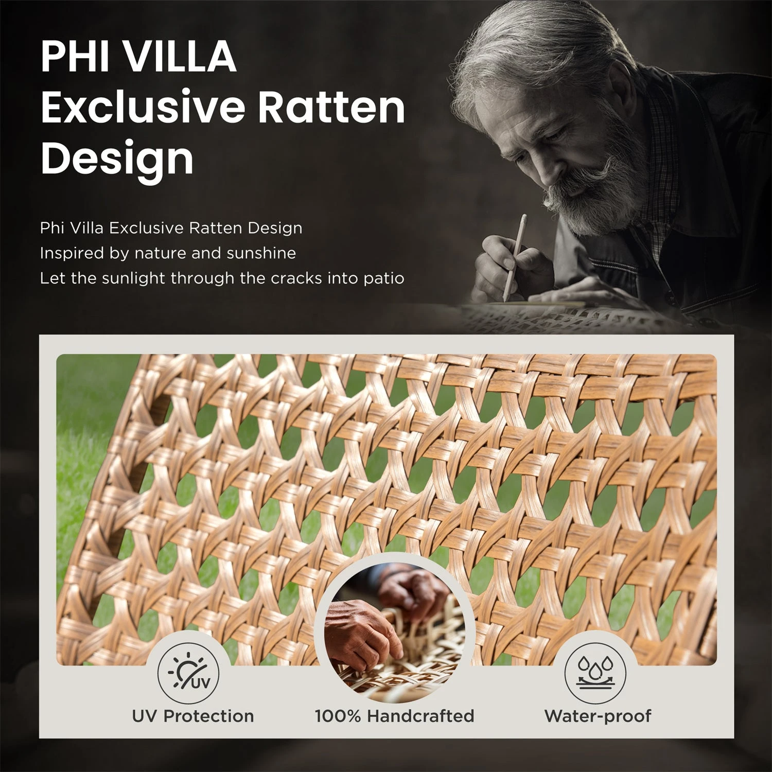 PHI VILLA 4-Piece Patio Wicker & Acacia Wood Conversation Set With Loveseat & Coffee Table 8 PHI VILLA 4-Piece Patio Wicker & Acacia Wood Conversation Set With Loveseat & Coffee Table - Image 6