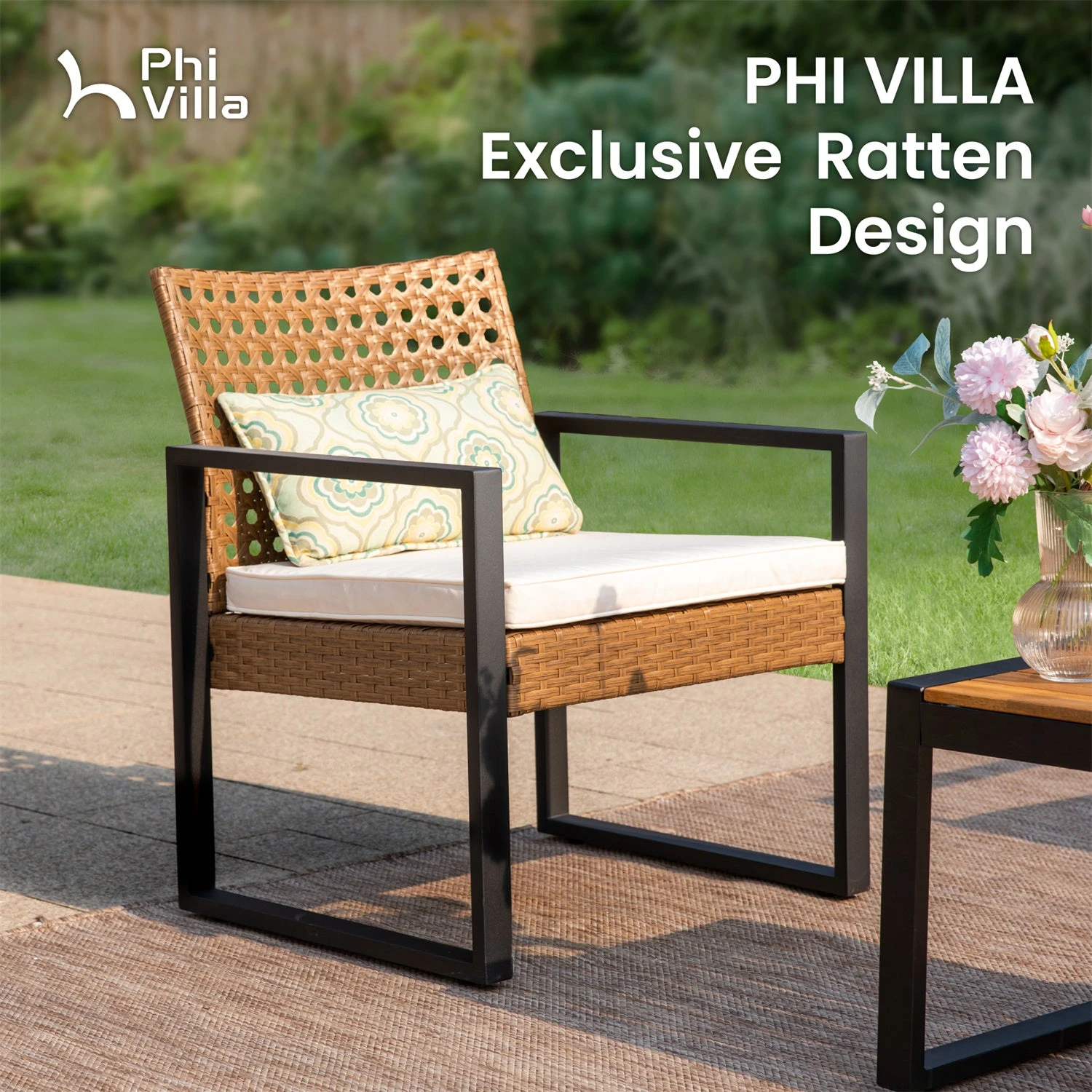 PHI VILLA 4-Piece Patio Wicker & Acacia Wood Conversation Set With Loveseat & Coffee Table 6 PHI VILLA 4-Piece Patio Wicker & Acacia Wood Conversation Set With Loveseat & Coffee Table - Image 4