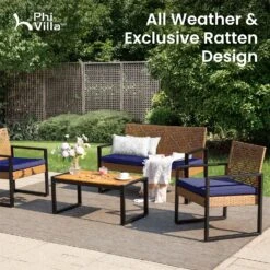 PHI VILLA 4-Piece Patio Conversation Set - Wicker Chairs And Acacia Wood Coffee Table - Modern And Stylish -Phi Villa PHI VILLA 4 Piece Patio Conversation Set01