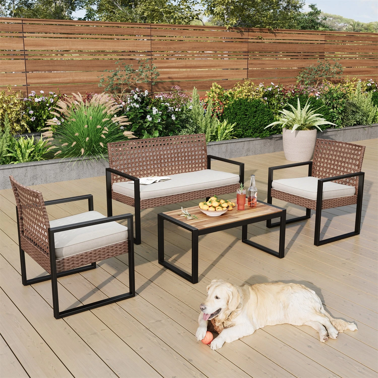 PHI VILLA 4-Piece Patio Wicker & Acacia Wood Conversation Set With Loveseat & Coffee Table 3 PHI VILLA 4-Piece Patio Wicker & Acacia Wood Conversation Set With Loveseat & Coffee Table