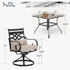 PHI VILLA 5-Piece Outdoor Dining Set 4 Swivel Steel Chairs And Square Table -Phi Villa PV 2024.5.10 E02GF0703 060 5
