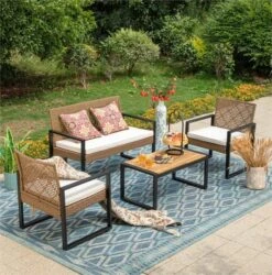 PHI VILLA 4-Piece Patio Conversation Set - Wicker Chairs And Acacia Wood Coffee Table - Modern And Stylish