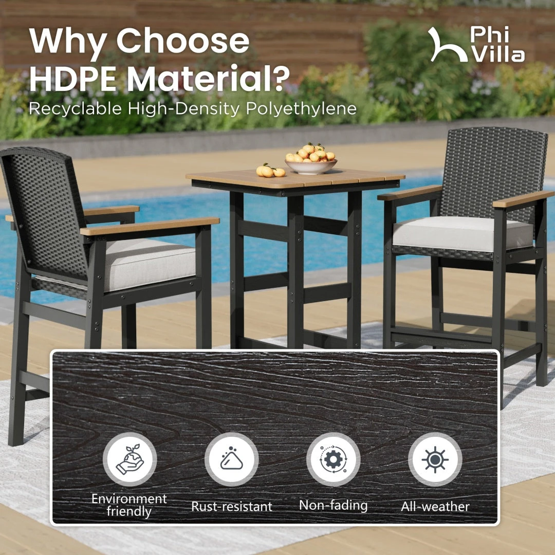 3-Pcs Outdoor High Bar Set With HPDE Rattan Bar Stool And Wood-like Table 4 3-Pcs Outdoor High Bar Set With HPDE Rattan Bar Stool And Wood-like Table - Image 2