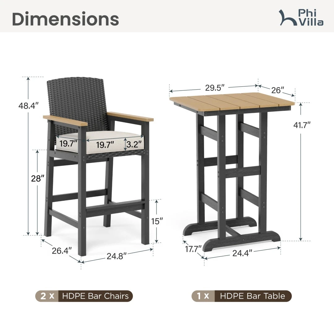 3-Pcs Outdoor High Bar Set With HPDE Rattan Bar Stool And Wood-like Table 11 3-Pcs Outdoor High Bar Set With HPDE Rattan Bar Stool And Wood-like Table - Image 9