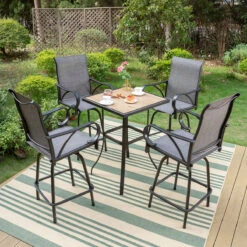 PHI VILLA 3/5 Piece Patio Bar Set Of 1 Wood-look Coffee Table & Swivel Textilene Bar Stools -Phi Villa Patio Bar Stool Set of 1 Wood look Coffee Table