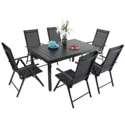 Phi Villa Patio 7/9 Piece Dining Set With Black Folding Sling Chairs & Steel Table 26 Phi Villa Patio 7/9 Piece Dining Set With Black Folding Sling Chairs & Steel Table -Phi Villa Patio Dining Set Black with Reclining Folding Sling Chair 2