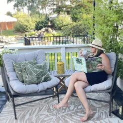 Phi Villa 2-Piece Rattan Papasan Lounge Chair With Thick Cushions