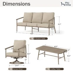 Phi Villa 5-Seater Windsor Sofa Set With Coffee Table, Iron Patio Sofa With Faux Wood Grain Finish -Phi Villa Phi Villa 5 Seater Windsor Sofa Set with Coffee Table06