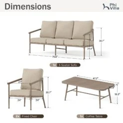 Phi Villa 5-Seater Windsor Sofa Set With Coffee Table, Iron Patio Sofa With Faux Wood Grain Finish -Phi Villa Phi Villa 5 Seater Windsor Sofa Set with Coffee Table10