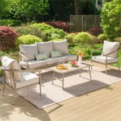 Phi Villa 5-Seater Windsor Sofa Set With Coffee Table, Iron Patio Sofa With Faux Wood Grain Finish