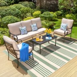 Phi Villa 5-Seater Patio Elegant Sofa Set With Cushions & Metal Coffee Table -Phi Villa Phi Villa Patio 5 Seat Conversation Sofa Set With Coffee Table f