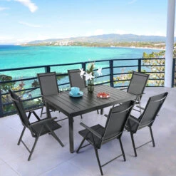 Phi Villa Patio 7/9 Piece Dining Set With Black Folding Sling Chairs & Steel Table 25 Phi Villa Patio 7/9 Piece Dining Set With Black Folding Sling Chairs & Steel Table -Phi Villa Phi Villa Patio Dining Set Black with Reclining Folding Sling Chair