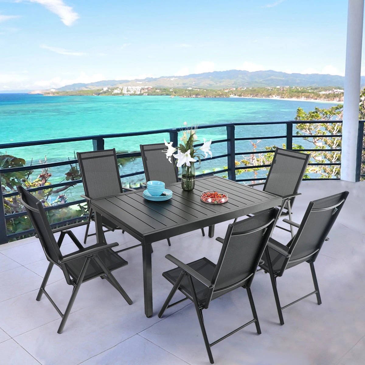 Phi Villa Patio 7/9 Piece Dining Set With Black Folding Sling Chairs & Steel Table 11 Phi Villa Patio 7/9 Piece Dining Set With Black Folding Sling Chairs & Steel Table - Image 9