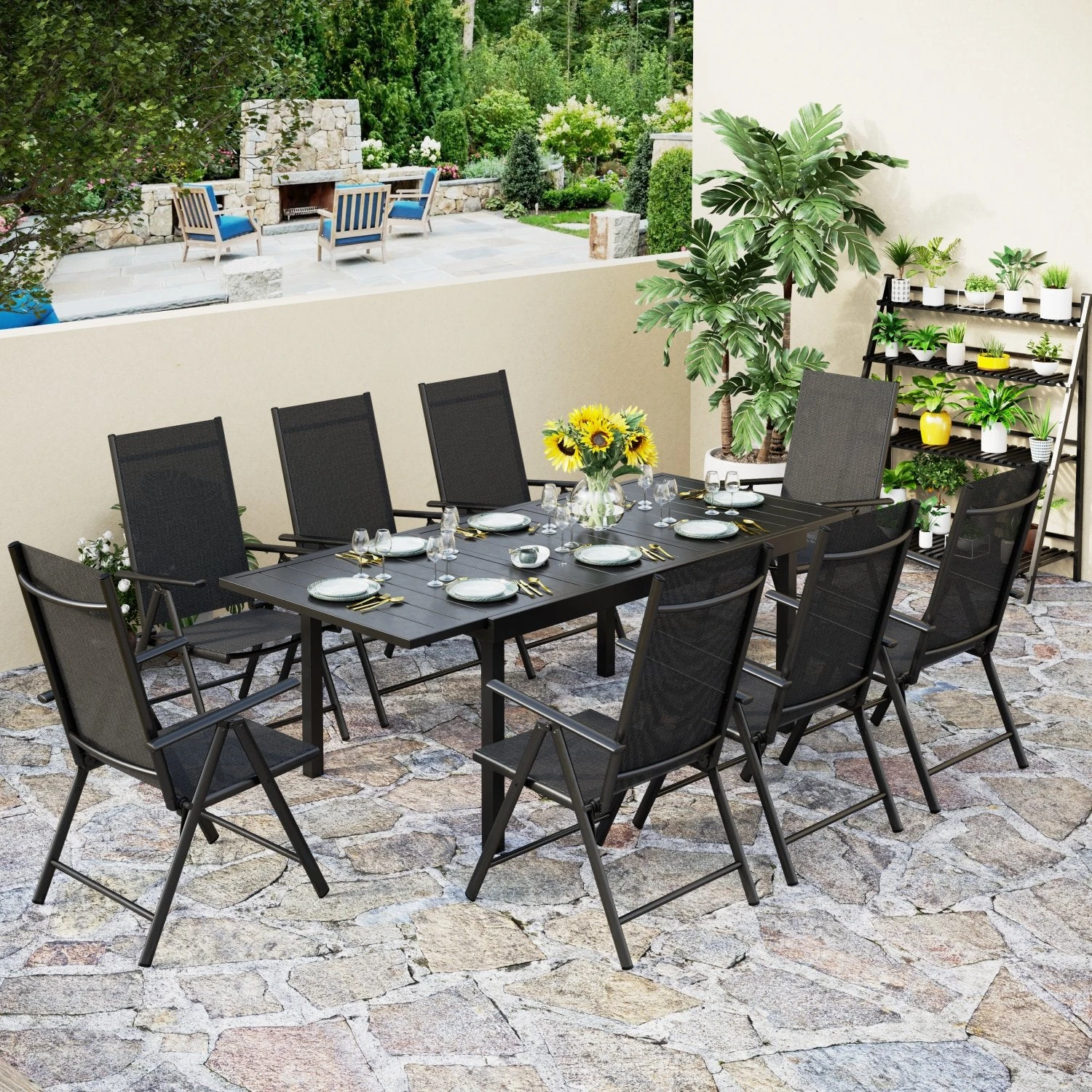 Phi Villa Patio 7/9 Piece Dining Set With Black Folding Sling Chairs & Steel Table 3 Phi Villa Patio 7/9 Piece Dining Set With Black Folding Sling Chairs & Steel Table
