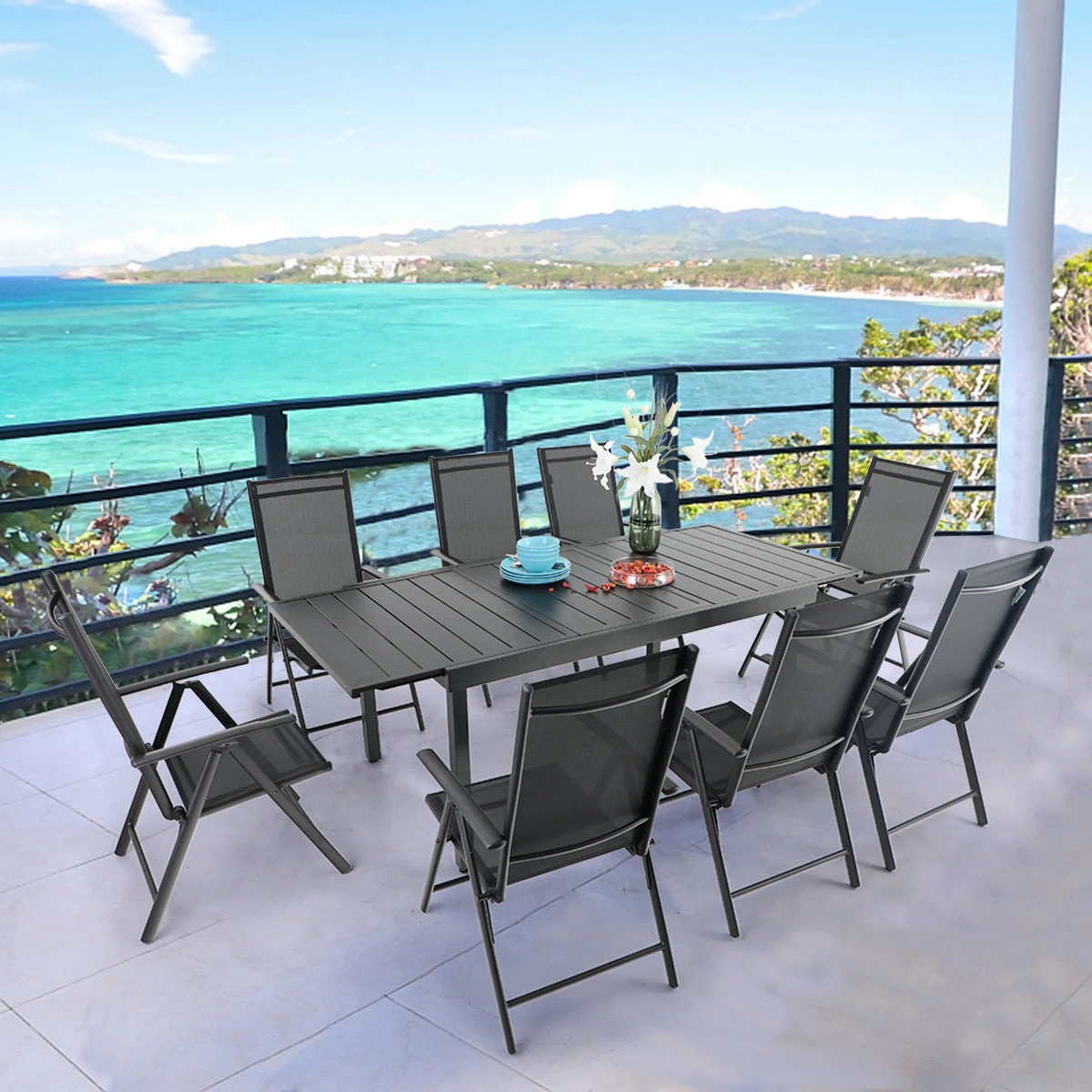 Phi Villa Patio 7/9 Piece Dining Set With Black Folding Sling Chairs & Steel Table 10 Phi Villa Patio 7/9 Piece Dining Set With Black Folding Sling Chairs & Steel Table - Image 8