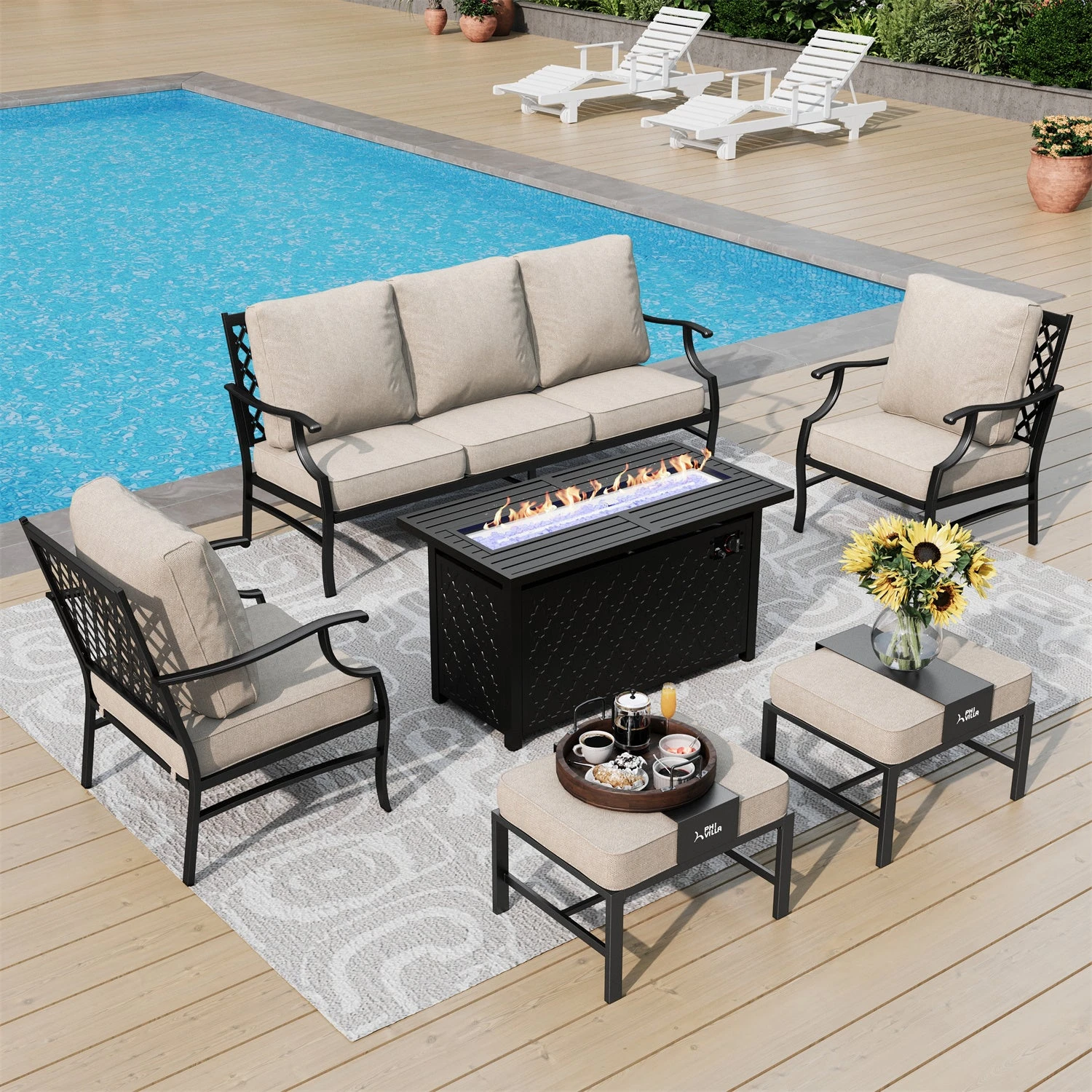 Phi Villa 7-Seater Patio Steel Conversation Sofa Set With Rectangle Fire Pit Table 11 Phi Villa 7-Seater Patio Steel Conversation Sofa Set With Rectangle Fire Pit Table - Image 9