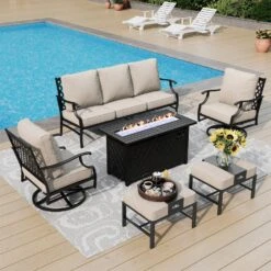 Phi Villa Outdoor Steel Sofa Set With Rectangle Fire Pit Table For Sale