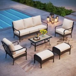 Phi Villa 7-Seater Wicker And Steel Outdoor Couch With Cushions Conversation Sofa Set -Phi Villa PhiVillaWickerAndSteelpatioConversationSofa02