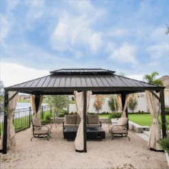 PHI VILLA 14' X 20'Outdoor Hardtop Gazebo With Galvanized Steel Roof And Mosquito Net