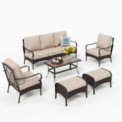 Phi Villa 7-Seater Wicker And Steel Outdoor Couch With Cushions Conversation Sofa Set -Phi Villa Phi Villa 7 Seater Wicker And Steel Outdoor Sofa
